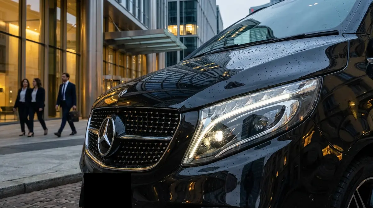 Mercedes V Class 2026, vue avant — Monaco Super Car Rental, Monaco. Mercedes Benz V Class in Monaco Opter pour la location d'un Mercedes Benz V Class à…
